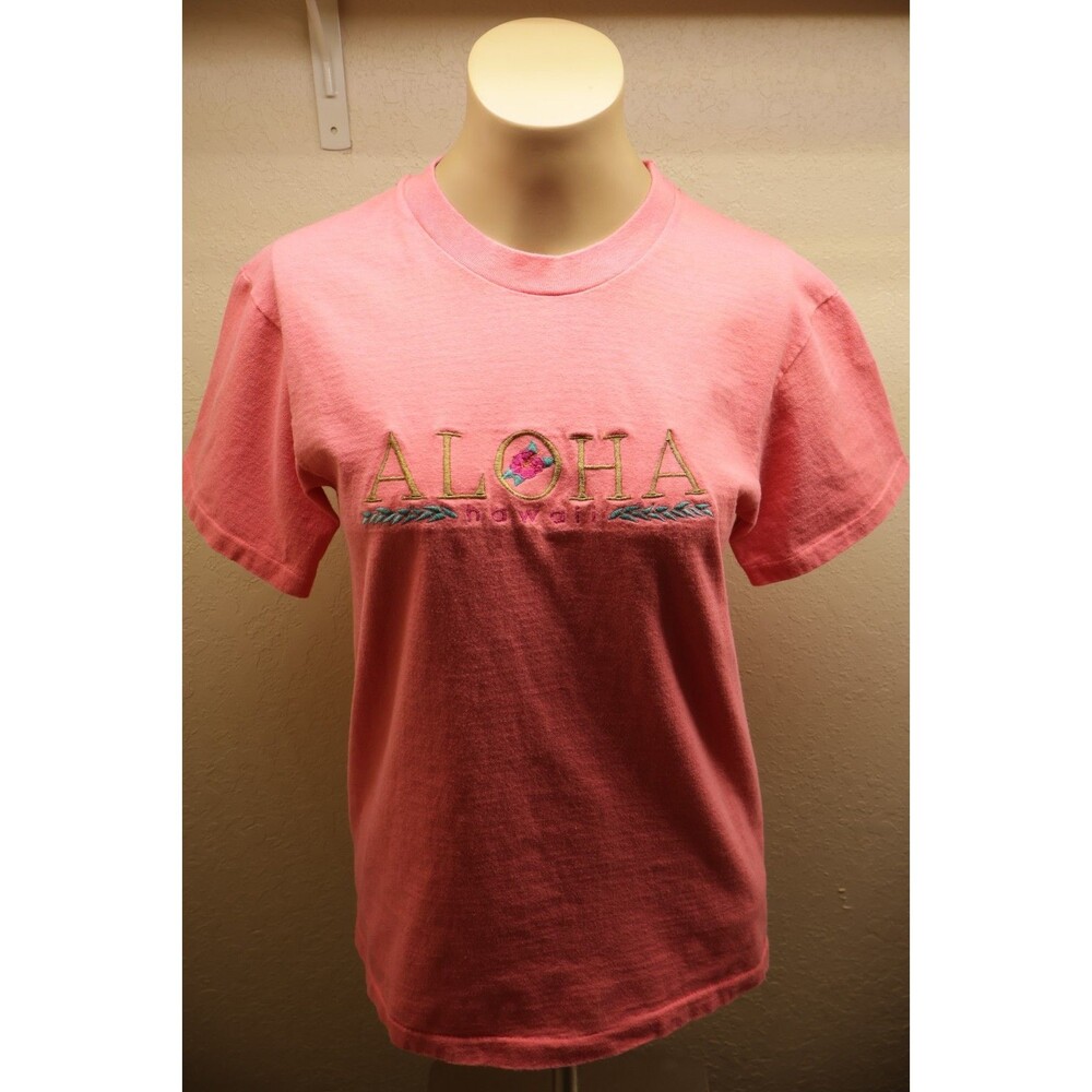 Vintage 80s-90s Aloha Embroidered Single Stitch Pink Hanes Beefy T Shirt Size S